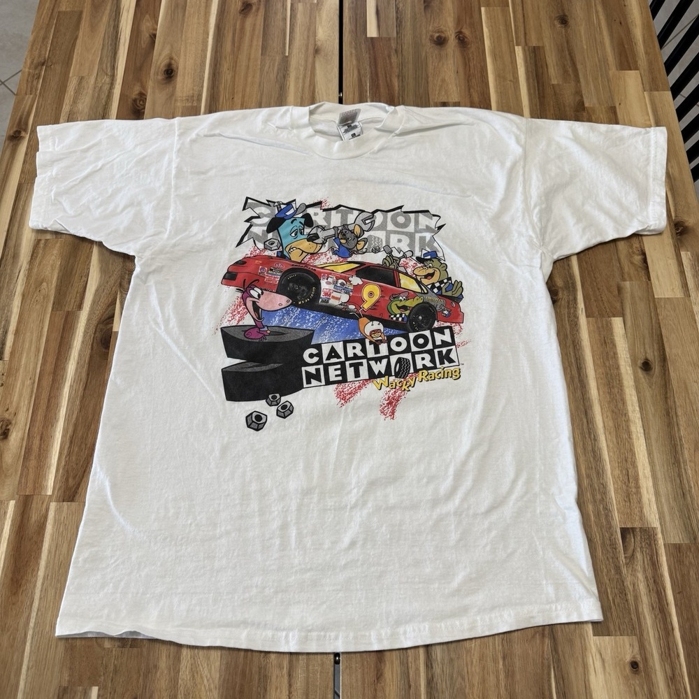 Vintage Cartoon Network Wacky Racing Shirt Mens XL White Double Sided Nascar 90s